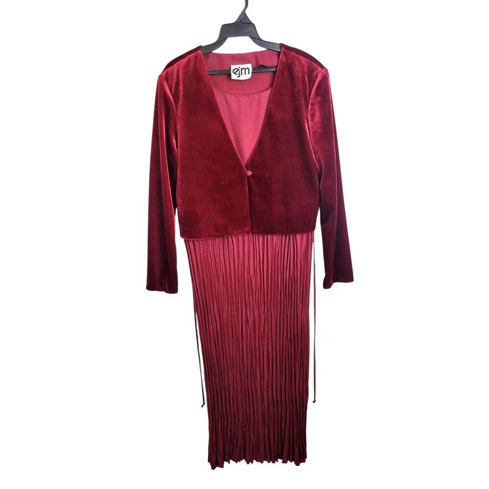 NWT VTG EJM Red Velvet Pleated Maxi Dress with Jacket Attached Women's Size 8‎